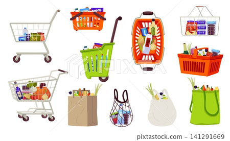 Shopping bag, basket, cart trolley with food vector flat set, grocery products, snack, vegetables and fruits purchases Shopping bag, basket, cart trolley with food vector flat set, grocery products, snack, vegetables and fruits purchases 141291669