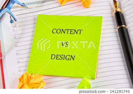 Professional workspace setting featuring a vibrant note highlighting the contrast between creative message substance and visual aesthetic layout elements on white paper Professional workspace setting featuring a vibrant note highlighting the contrast between creative message substance and visual aesthetic layout elements on white paper 141291745