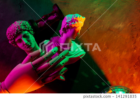 Classical sculpture busts with robotic hand hourglass and vibrant neon gradient lighting concept 141291835