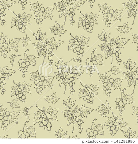 Outline Currant Seamless Pattern. Line Art Berry Branch With Leaves on Botanical On Light Green Background. Vector hand-drawn illustration Not AI. Outline Currant Seamless Pattern. Line Art Berry Branch With Leaves on Botanical On Light Green Background. Vector hand-drawn illustration Not AI. 141291990
