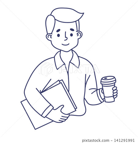 Cute Businessman Holding Folder and Coffee Cup. Line Art. Young Male Office Worker, Student or Manager Character. Outline Hand Drawn. Vector Illustration for Business Website, Presentation, App Design Cute Businessman Holding Folder and Coffee Cup. Line Art. Young Male Office Worker, Student or Manager Character. Outline Hand Drawn. Vector Illustration for Business Website, Presentation, App Design 141291991