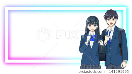 Anime-style illustration of smiling high school or junior high school students with backpacks and school bags, white background Anime-style illustration of smiling high school or junior high school students with backpacks and school bags, white background 141291995