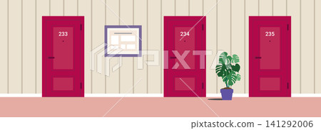 Apartment building corridor with three doors, with framed notice board. Modern residential hallway interior in pastel colors. Flat vector illustration Apartment building corridor with three doors, with framed notice board. Modern residential hallway interior in pastel colors. Flat vector illustration 141292006