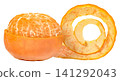Peeled ripe tangerine orange fruit sitting in a half skin with a spiral peel next to it Isolated. Clean food photography of fresh organic citrus and fruit skin. 141292043