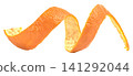 Fresh orange peel spiral isolated. Twisted citrus zest skin in a macro curve, ideal for food garnish or ingredient illustration. Vibrant textured fruit rind detail in studio. 141292044