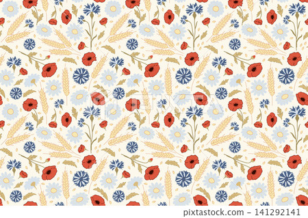 Ukrainian wildflower seamless pattern hand drawn vector illustration with poppy, cornflower, daisy, and wheat for organic food packaging and rustic textile design Ukrainian wildflower seamless pattern hand drawn vector illustration with poppy, cornflower, daisy, and wheat for organic food packaging and rustic textile design 141292141
