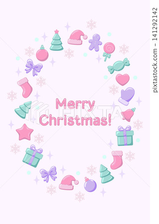 Merry Christmas wreath frame flat vector illustration with cute pastel winter holiday wreath, candy, gifts, ornaments, and snowflakes Merry Christmas wreath frame flat vector illustration with cute pastel winter holiday wreath, candy, gifts, ornaments, and snowflakes 141292142