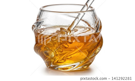 Glass bowl filled with golden honey and a dipper inside isolated ingredient breakfast culinary isolated background transparent reflection nutrition sweetener container delicious glistening Glass bowl filled with golden honey and a dipper inside isolated ingredient breakfast culinary isolated background transparent reflection nutrition sweetener container delicious glistening 141292281