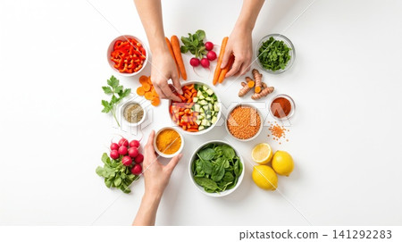 Fresh healthy food preparation overhead view with assorted chopped vegetables and spices plant based vegetables preparation ingredients nutrition vegetarian overhead background colorful Fresh healthy food preparation overhead view with assorted chopped vegetables and spices plant based vegetables preparation ingredients nutrition vegetarian overhead background colorful 141292283