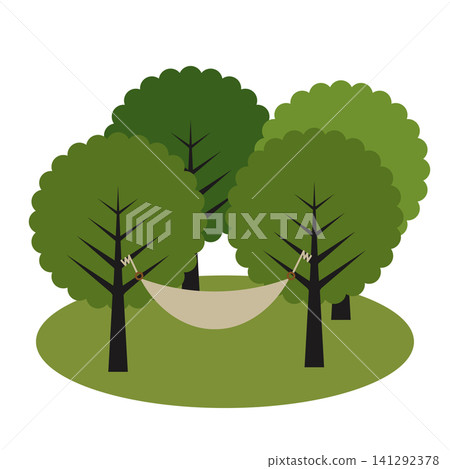 戶外插畫,描繪了在森林吊床上放鬆的場景。 戶外插畫,描繪了在森林吊床上放鬆的場景。 141292378