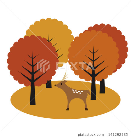 A flat illustration depicting autumn nature: a forest with autumn leaves and a deer. A flat illustration depicting autumn nature: a forest with autumn leaves and a deer. 141292385