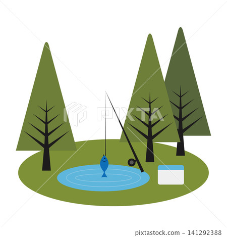 A flat illustration of a fishing rod enjoying fishing in a forest pond. A flat illustration of a fishing rod enjoying fishing in a forest pond. 141292388