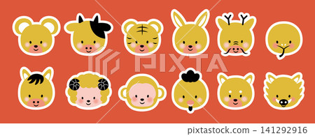 一套可愛的十二生肖動物頭像插畫，帶有白色邊框。 141292916