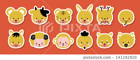 Cute illustration set of the faces of the twelve zodiac animals, with white borders and shadows. 141292920