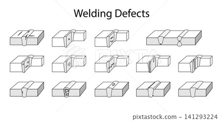 Different types of welding defects. Unique flaw that can occur during the welding process for educational, technical, engineering, metalworking, safety, and industrial content. Vector illustration Different types of welding defects. Unique flaw that can occur during the welding process for educational, technical, engineering, metalworking, safety, and industrial content. Vector illustration 141293224