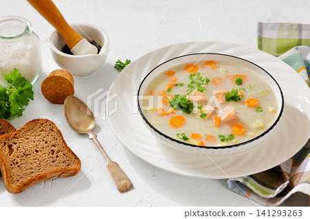 Hearty English Countryside Salmon Soup with Herbs Hearty English Countryside Salmon Soup with Herbs 141293263