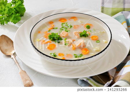 Premium Atlantic Salmon Soup Creamy Chowder Style 141293266