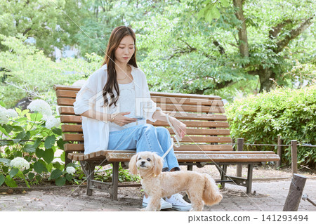 A young woman spends time with her dog while looking at her smartphone on a park bench. 141293494