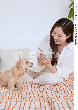 A smiling woman lying on a bed looking at her smartphone, with her pet toy poodle. A smiling woman lying on a bed looking at her smartphone, with her pet toy poodle. 141293622