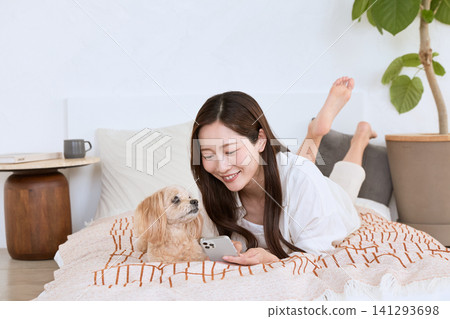 A woman lying on a bed looking at her smartphone and a small dog. A woman lying on a bed looking at her smartphone and a small dog. 141293698