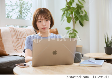 使用膝上型計算機的一個少婦在客廳 使用膝上型計算機的一個少婦在客廳 141294015