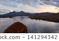 Autumn sunset woven by Lake Akimoto and Mount Bandai | Breathtaking panoramic aerial view Autumn sunset woven by Lake Akimoto and Mount Bandai | Breathtaking panoramic aerial view 141294342