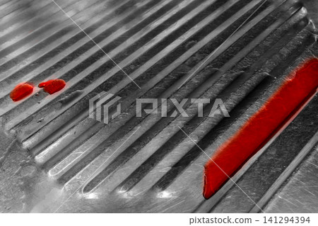 Traces red blood steel medical tray surgery. Surgical operating table silver grey Traces red blood steel medical tray surgery. Surgical operating table silver grey 141294394