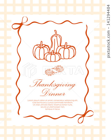 Minimalist Thanksgiving dinner invitation template with line art pumpkins Minimalist Thanksgiving dinner invitation template with line art pumpkins 141294484