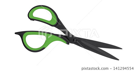 Open black and Green office scissors isolated on white background Open black and Green office scissors isolated on white background 141294554