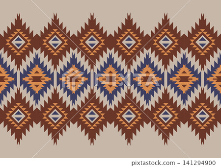 Seamless southwestern border pattern featuring repeating diamond motifs in blue, brown, beige, and terracotta tones. Perfect for fabric, wallpaper, wrapping paper, home decor, rugs, and surface patter Seamless southwestern border pattern featuring repeating diamond motifs in blue, brown, beige, and terracotta tones. Perfect for fabric, wallpaper, wrapping paper, home decor, rugs, and surface patter 141294900