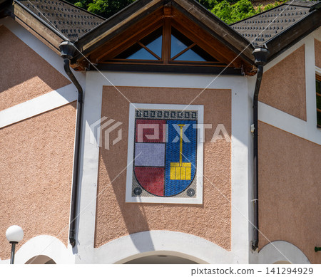 Mosaic Coat of Arms on a Building Facade in Hallstatt, Austria Featuring a Red, White and Blue Crest Mosaic Coat of Arms on a Building Facade in Hallstatt, Austria Featuring a Red, White and Blue Crest 141294929