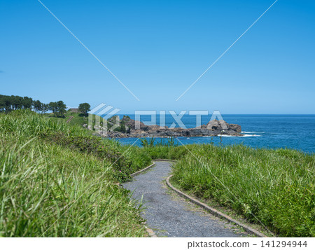 從三陸重建國立公園種佐海岸的步道上,可以欣賞到蔚藍的太平洋和岩礁的壯麗景色。 從三陸重建國立公園種佐海岸的步道上,可以欣賞到蔚藍的太平洋和岩礁的壯麗景色。 141294944