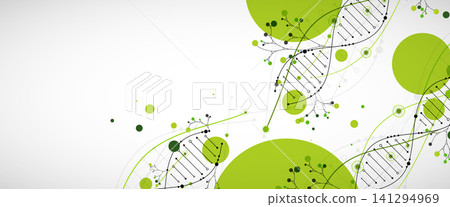 Abstract green DNA helix with digital data dots and clean background. Vector illustration Abstract green DNA helix with digital data dots and clean background. Vector illustration 141294969