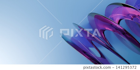 Modern abstract 3D transparent glass twisted ribbon with purple gradient reflection on soft blue background banner Modern abstract 3D transparent glass twisted ribbon with purple gradient reflection on soft blue background banner 141295372