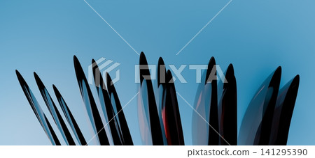 Dramatic abstract 3D black metallic sharp spikes structure pointing up on bright blue studio background Dramatic abstract 3D black metallic sharp spikes structure pointing up on bright blue studio background 141295390