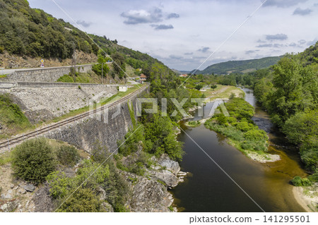 Ardeche valley with Doux river, railway, and winding road Ardeche valley with Doux river, railway, and winding road 141295501