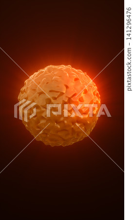 Glowing orange textured sphere with organic porous surface, warm halo light, and futuristic abstract energy on a dark background. Glowing orange textured sphere with organic porous surface, warm halo light, and futuristic abstract energy on a dark background. 141296476
