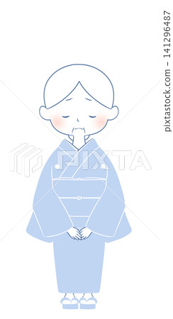 An illustration of an elderly woman wearing a kimono in mourning attire. 141296487
