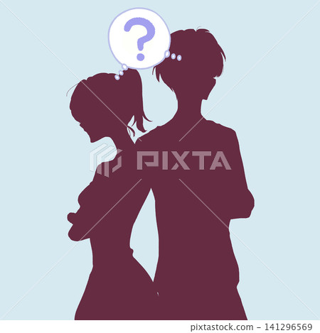 一對彼此心存疑慮的男女;一個問號;一個輪廓。 一對彼此心存疑慮的男女;一個問號;一個輪廓。 141296569