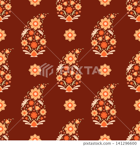 Autumn paisley seamless pattern vector illustration with warm orange floral buta ornaments and folk flowers on dark brown background for cozy seasonal branding and textiles Autumn paisley seamless pattern vector illustration with warm orange floral buta ornaments and folk flowers on dark brown background for cozy seasonal branding and textiles 141296600