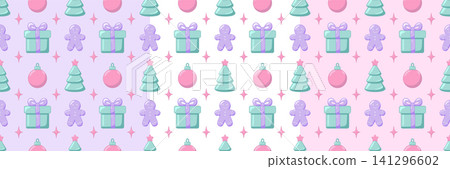 Pastel winter holiday seamless pattern featuring flat vector illustration of gingerbread cookie, xmas tree, gift box and star sparkle for greeting cards and packaging Pastel winter holiday seamless pattern featuring flat vector illustration of gingerbread cookie, xmas tree, gift box and star sparkle for greeting cards and packaging 141296602