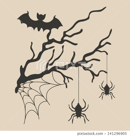 Hand-drawn Halloween black spooky silhouette composition with bat, spider web, dead tree branch and spiders for seasonal decor Hand-drawn Halloween black spooky silhouette composition with bat, spider web, dead tree branch and spiders for seasonal decor 141296905