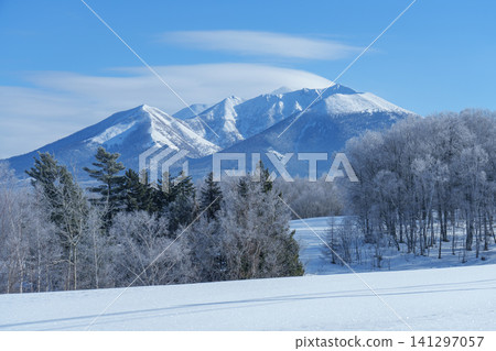 北海道富良野,霜凍覆蓋的樹木、富良野山和白雪皚皚的平原:令人驚嘆的冬季景觀和旅遊材料。 北海道富良野,霜凍覆蓋的樹木、富良野山和白雪皚皚的平原:令人驚嘆的冬季景觀和旅遊材料。 141297057