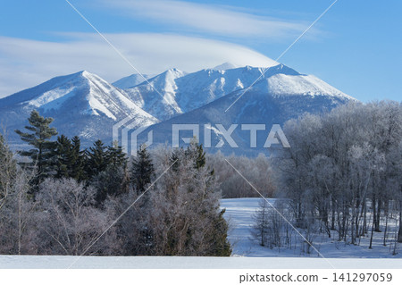 北海道富良野，霜凍覆蓋的樹木、富良野山和白雪皚皚的平原：令人驚嘆的冬季景觀和旅遊材料。 141297059