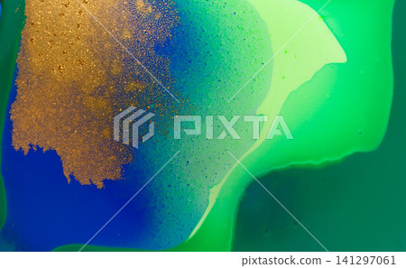 Abstract Green Flow and Golden Glitter Original Hand Drawn Artwork Illustration Made with Ink on Paper. Abstract Green Flow and Golden Glitter Original Hand Drawn Artwork Illustration Made with Ink on Paper. 141297061