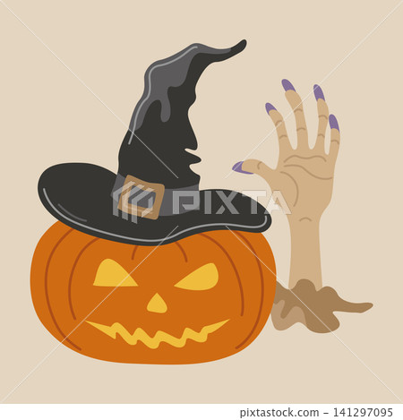 Hand-drawn Halloween pumpkin face, Jack-o-lantern, witch hat and zombie hand composition for seasonal decor, party, packaging Hand-drawn Halloween pumpkin face, Jack-o-lantern, witch hat and zombie hand composition for seasonal decor, party, packaging 141297095