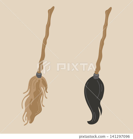 Hand-drawn Halloween witch broom isolated illustrations for seasonal decor, magic party, packaging Hand-drawn Halloween witch broom isolated illustrations for seasonal decor, magic party, packaging 141297096