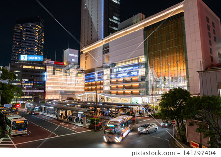 Night view of Yokohama Station West Exit and the cityscape in front of the station Night view of Yokohama Station West Exit and the cityscape in front of the station 141297404