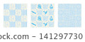 Amalfi style tile seamless pattern with nautical elements - fish, boat, oyster and seagull. Light blue retro maiolica tiles square background. Mediterranean aesthetic amalficore cover 141297730