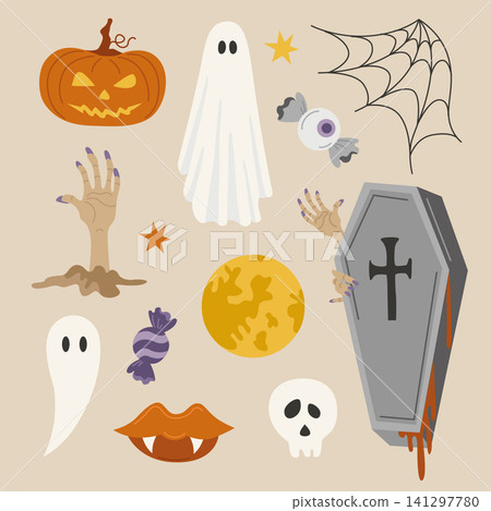 Hand-drawn Halloween illustrations, Jack-o-lantern pumpkin face, spider web, moon, skull, ghost, vampire lips, coffin, zombie hand 141297780